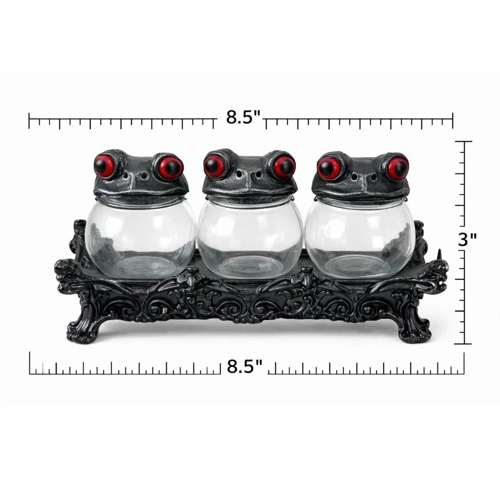 Gothic Frog Spice Jar Set 3 Glass Apothecary Bottles Ornate Black Display Base